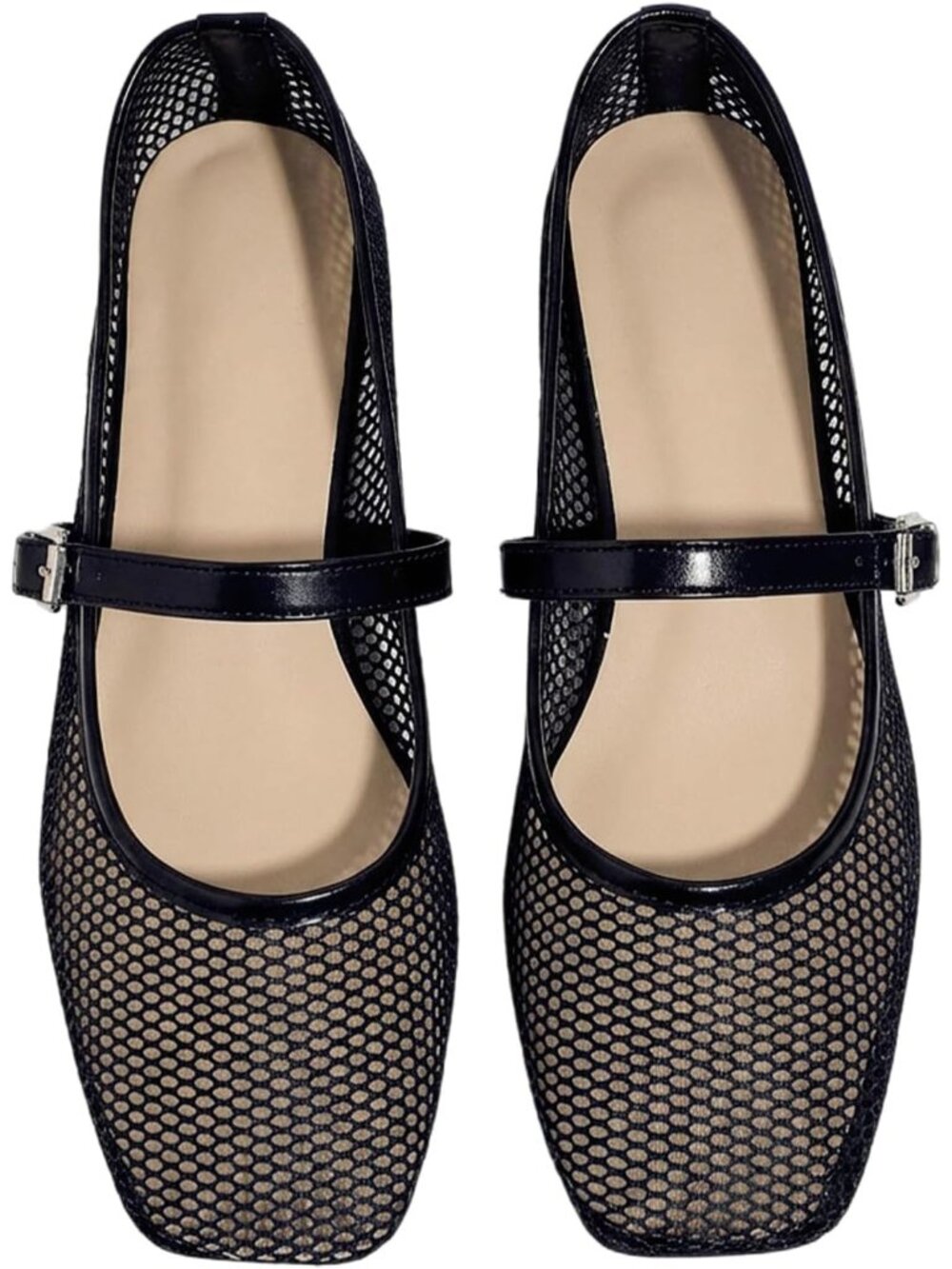 🆕Women's All Black Mesh Mary Jane Ballet Flats Square Toe Dressy Casual Shoes